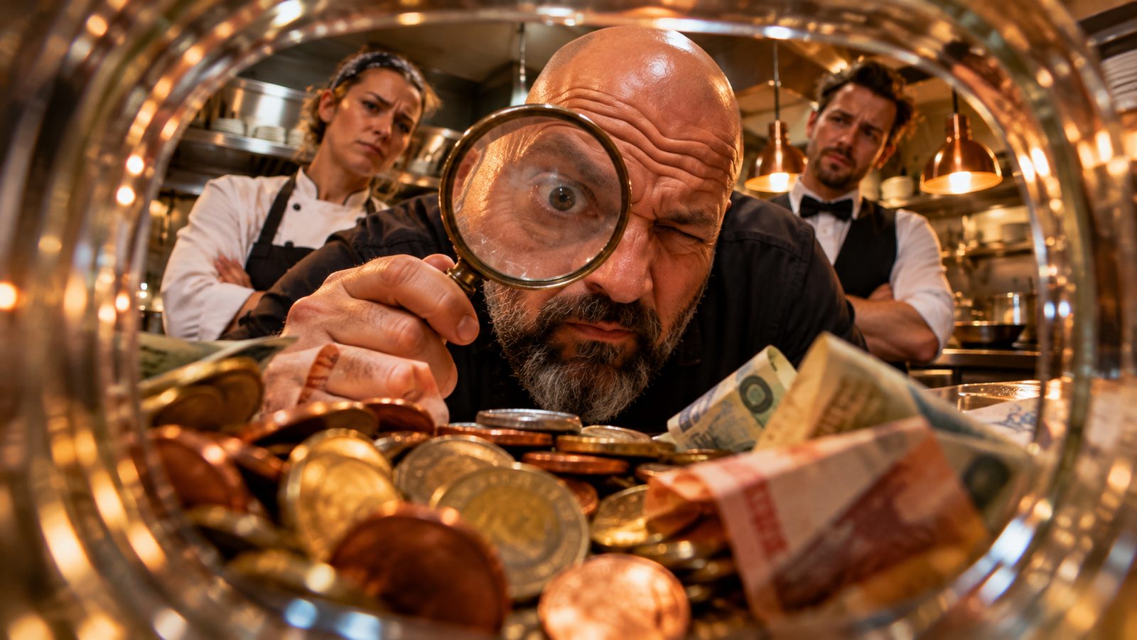René Kaplick betrachtet ein Glas voller Trinkgeld durch eine Lupe, Köchin und Kellner schauen misstrauisch zu