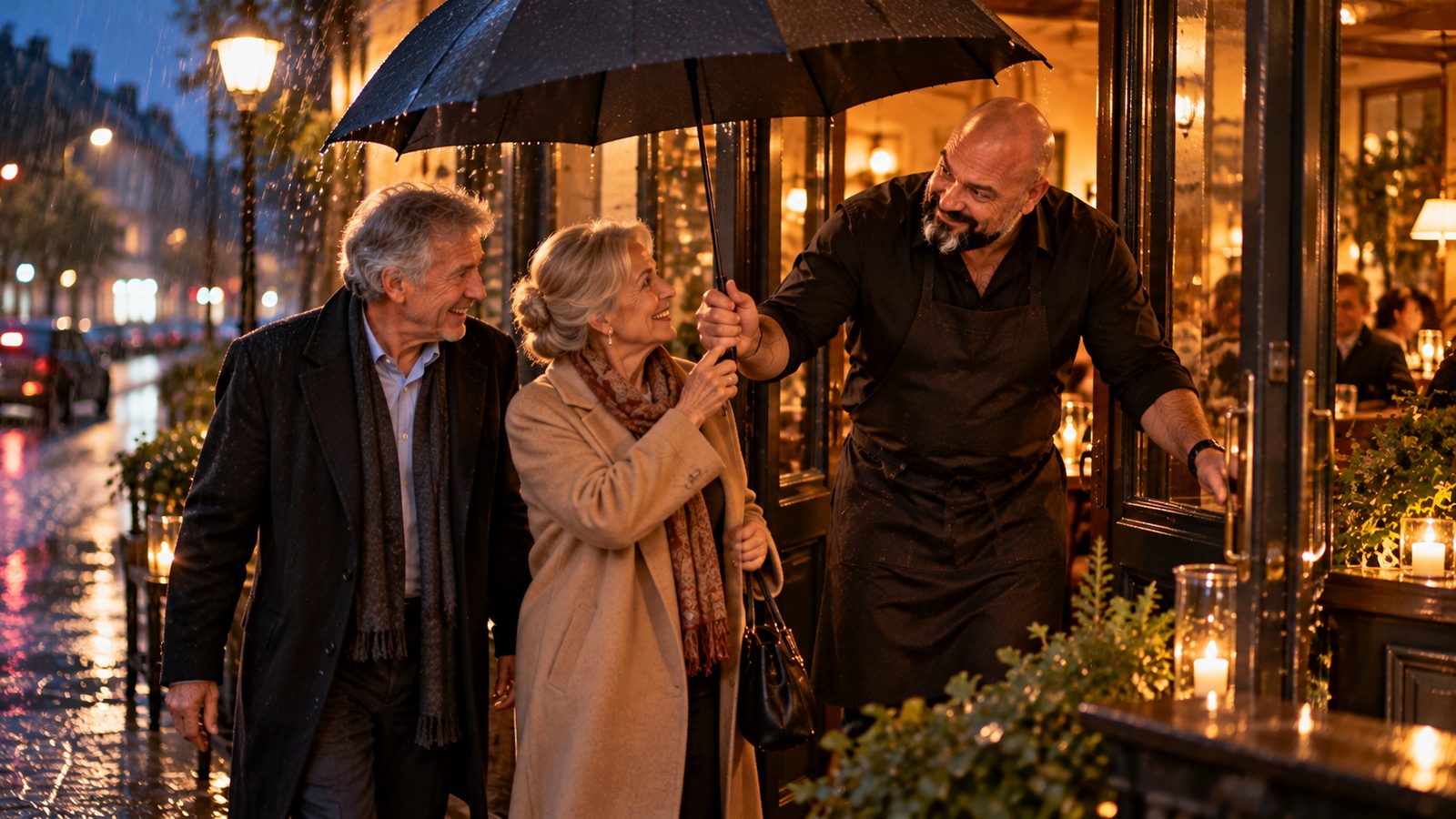 René Kaplick hält einem älteren Paar beim Verlassen des Restaurants im Regen einen Schirm hin
