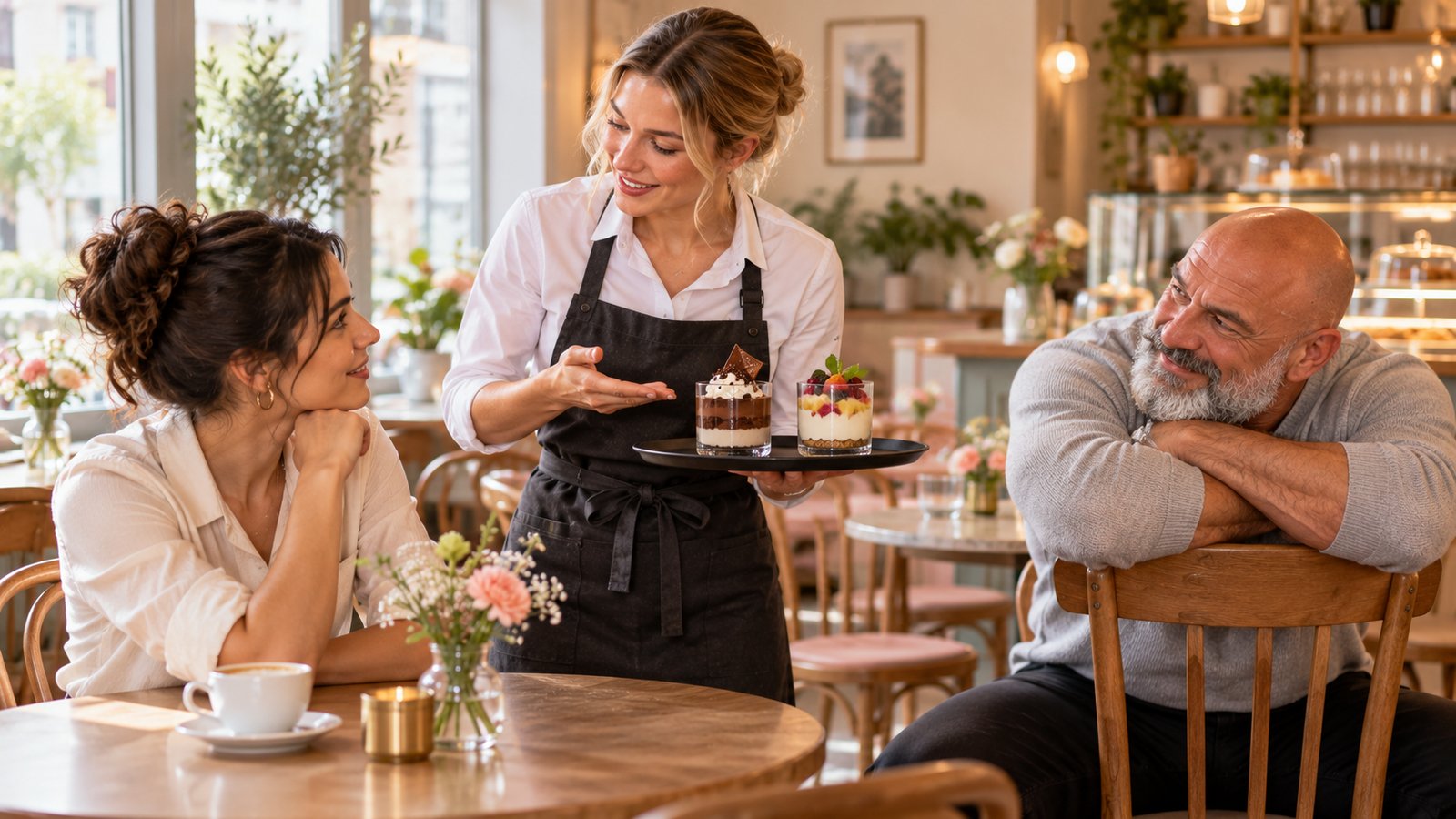 Servicekraft übt im Café mit einer Kollegin eine Dessertempfehlung mit zwei Gläsern auf dem Tablett, René Kaplick beobachtet vom Nebentisch