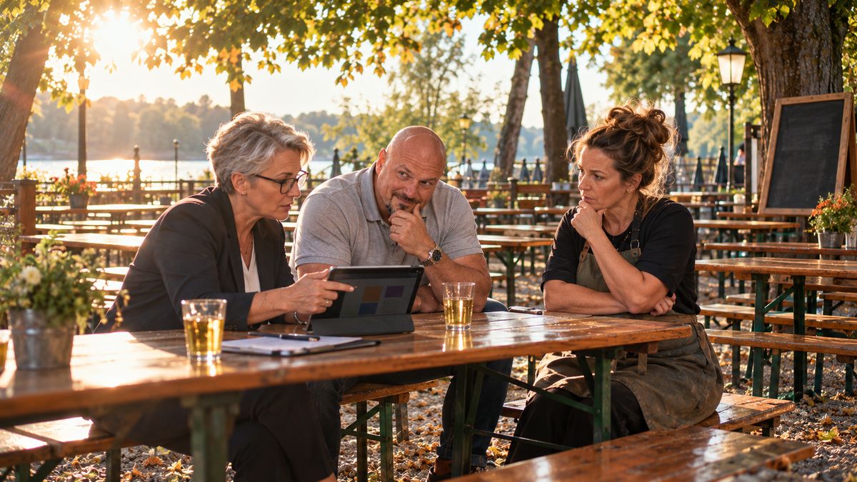 René Kaplick bespricht mit einer Versicherungsmaklerin und einer Wirtin im Biergarten die Versicherungsübersicht auf einem Tablet