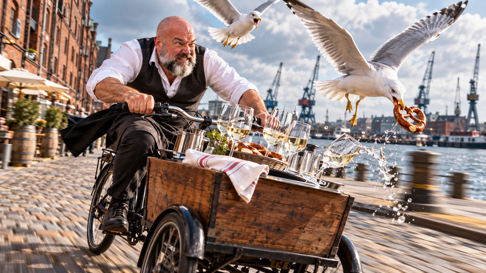 René Kaplick rast mit einem Lastenrad über eine Hafenpromenade, eine Möwe stibitzt eine Brezel aus der Kiste