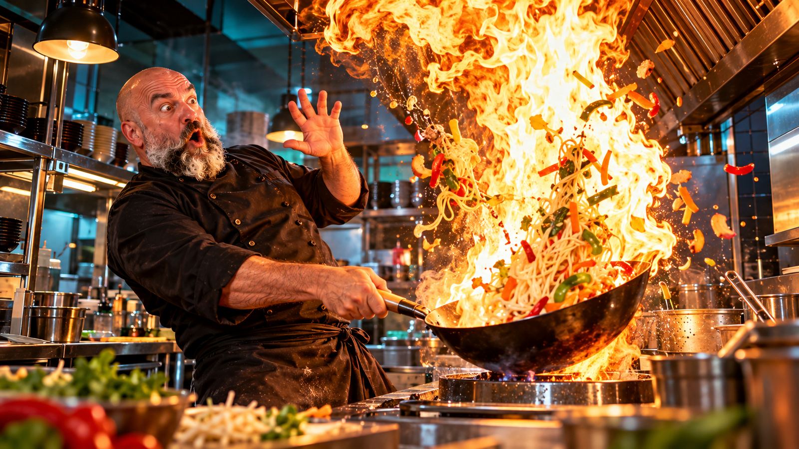 René Kaplick schwenkt in einer Profiküche einen Wok, aus dem eine riesige Stichflamme schießt