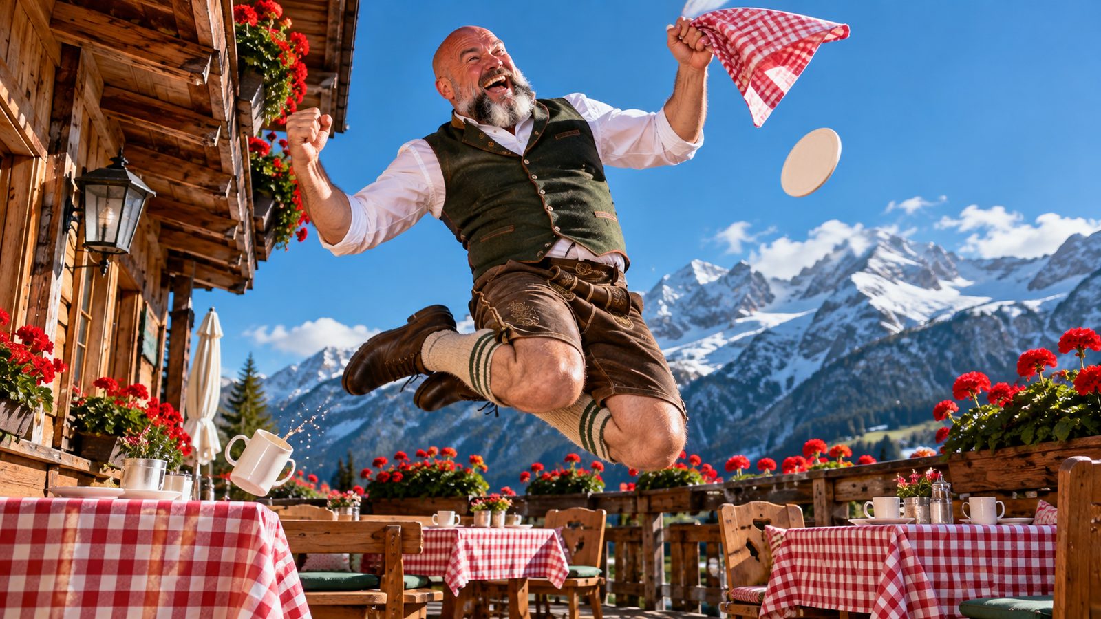 René Kaplick in Lederhose springt vor einem Bergpanorama auf der Terrasse eines Berghotels jubelnd in die Luft und wirft eine karierte Serviette hoch