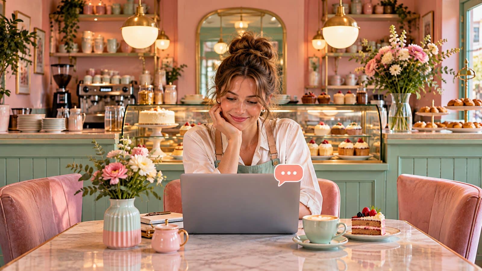 Cafébesitzerin in einem pastellfarbenen Café schaut lächelnd auf einen Laptop mit einer Chat-Sprechblase