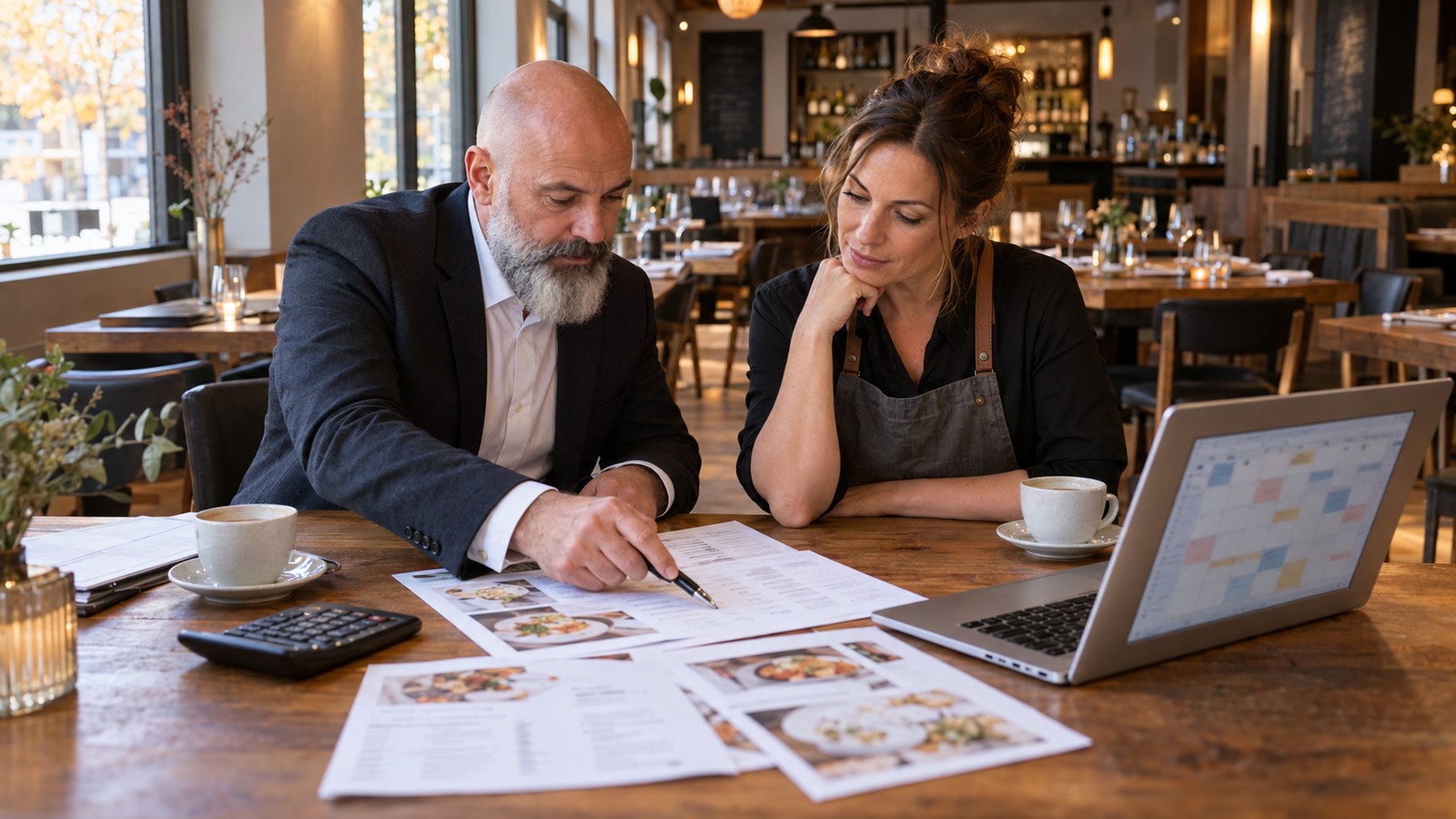 Gastronomieberater und Restaurantinhaberin planen an einem Holztisch mit Laptop, Kalender und Menüpaketen die Weihnachtsfeiern für Dezember