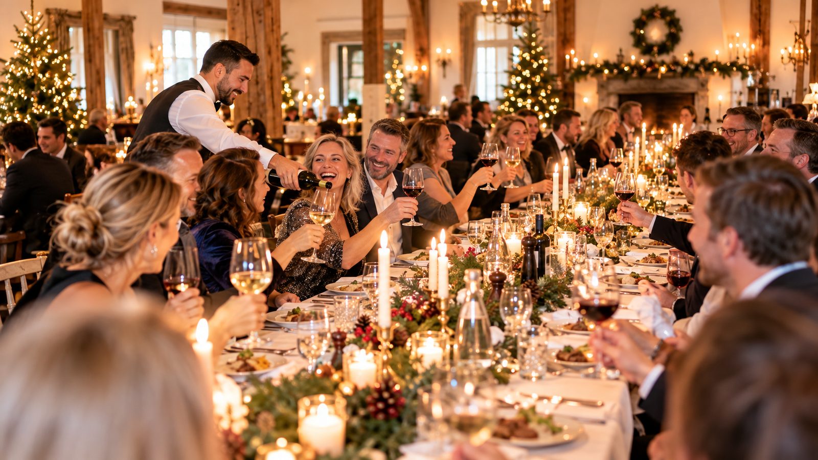 Fröhliche Weihnachtsfeier einer Firmengruppe an einer langen Tafel im Saal eines Landhotels