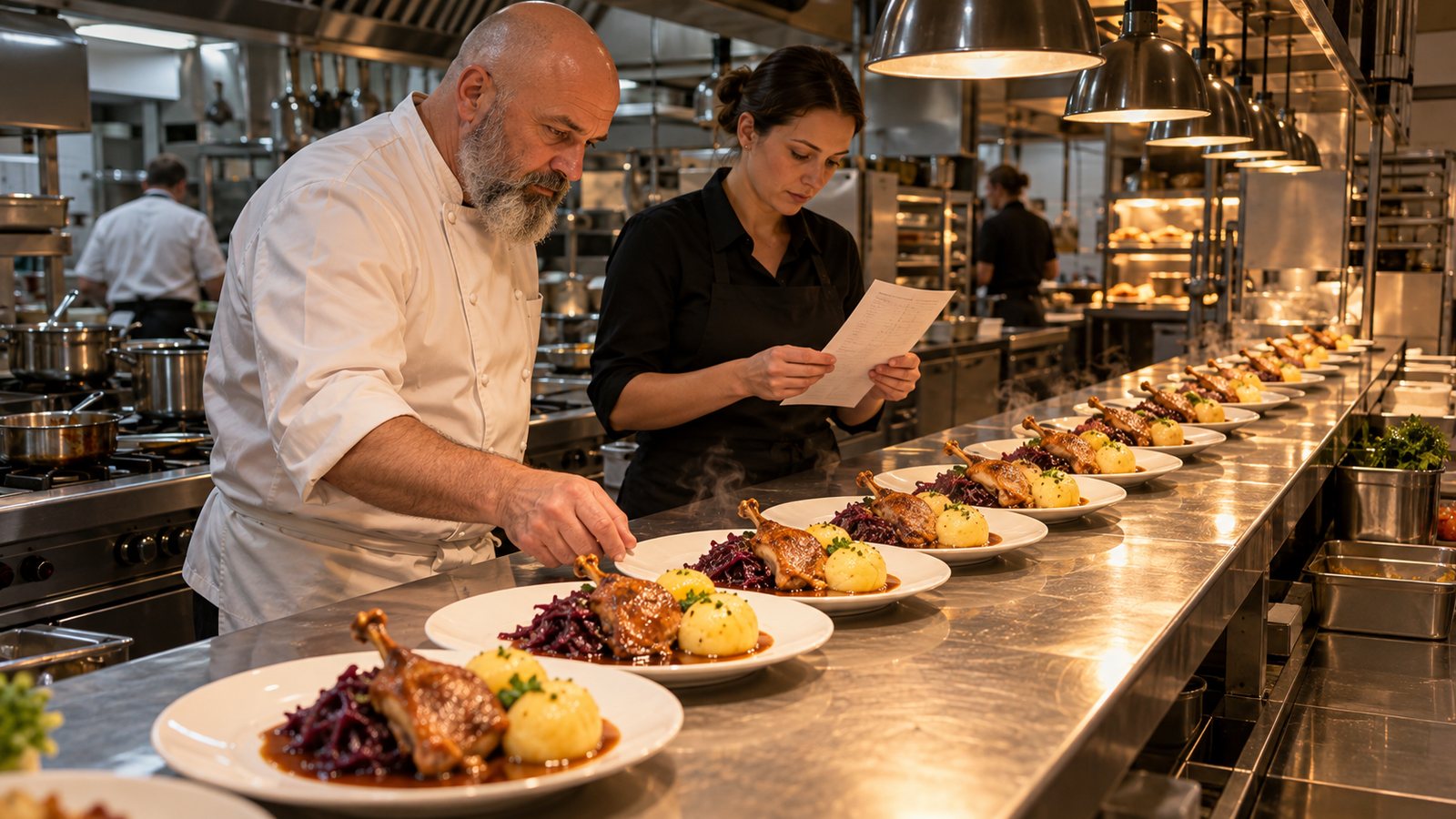 Koch in weißer Kochjacke kontrolliert am Pass eine Reihe gleich angerichteter Teller mit Gänsebraten, Rotkohl und Klößen für eine Weihnachtsfeier