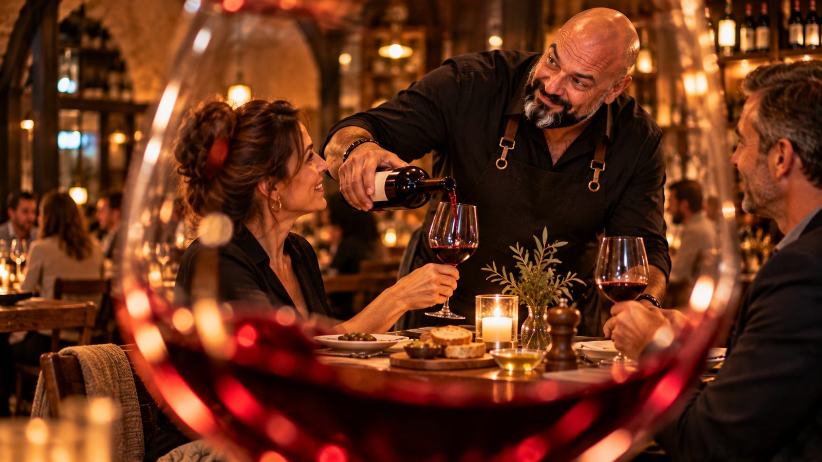 René Kaplick schenkt einem Paar am Restauranttisch Rotwein ein, fotografiert durch ein volles Weinglas im Vordergrund
