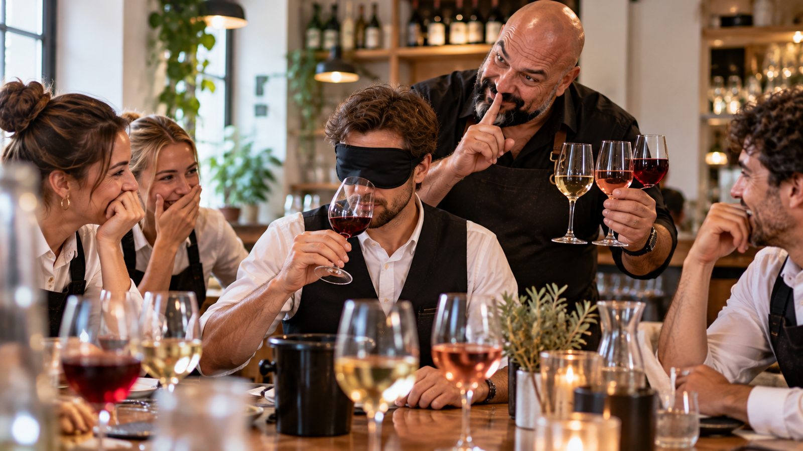 Ein Kellner mit verbundenen Augen riecht an einem Rotwein, René Kaplick hält drei weitere Gläser bereit und bittet die lachenden Kollegen um Ruhe