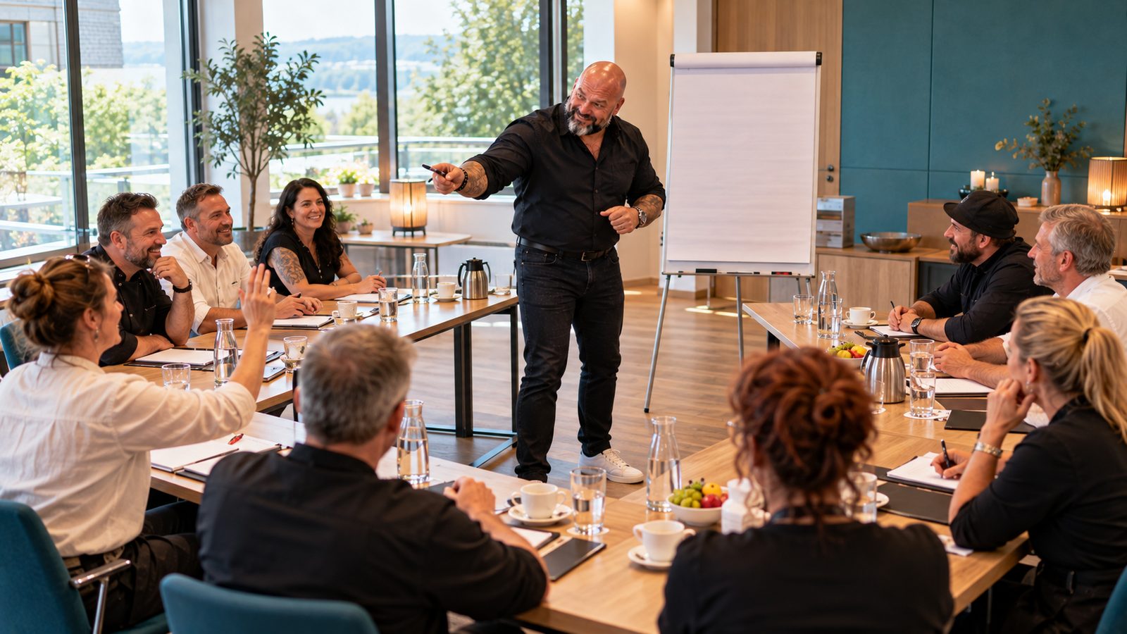 René Kaplick leitet einen Workshop für Gastronomen an Tischen in U-Form und nimmt eine Wortmeldung auf