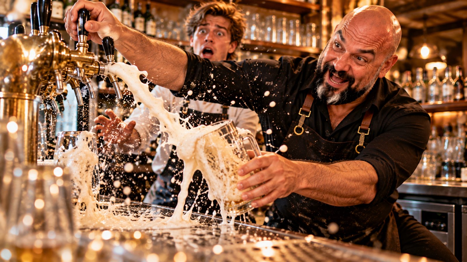 René Kaplick fängt mit einem zweiten Glas eine Schaumfontäne auf, die aus einem zu schnell aufgerissenen Zapfhahn schießt, ein junger Barkeeper schaut entsetzt