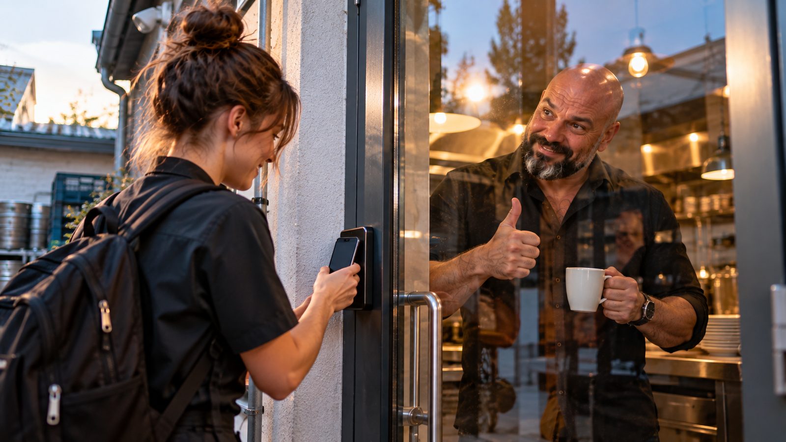 Eine Servicekraft meldet sich am Personaleingang mit dem Smartphone an einem Lesegerät an, René Kaplick zeigt hinter der Glastür einen Daumen nach oben