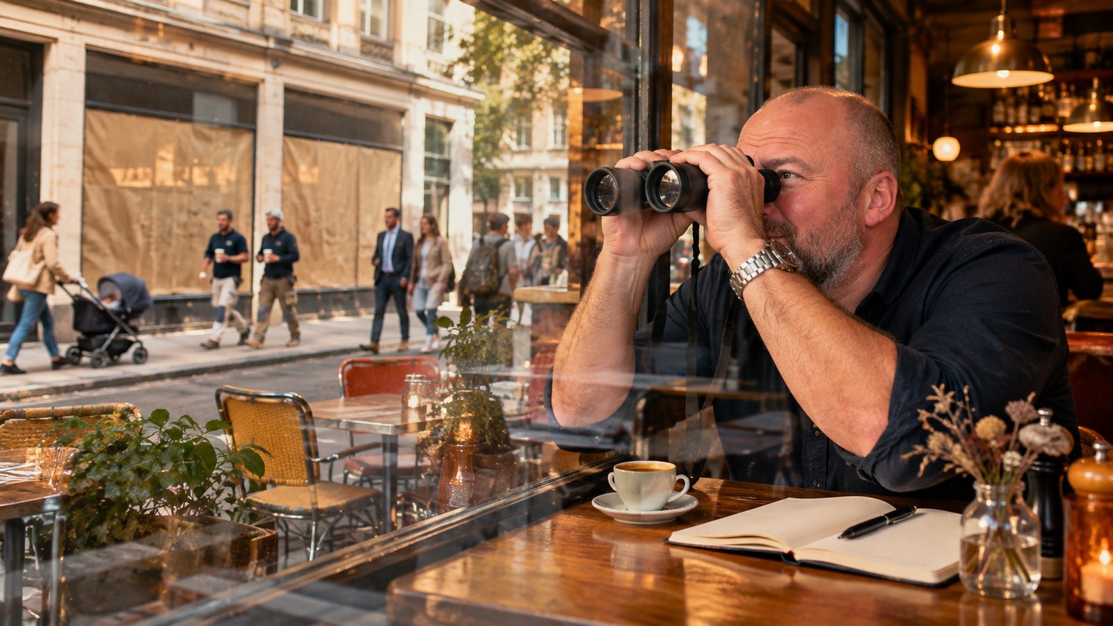 René Kaplick beobachtet aus einem Café mit einem Fernglas die Passanten vor einem leeren Ladenlokal gegenüber