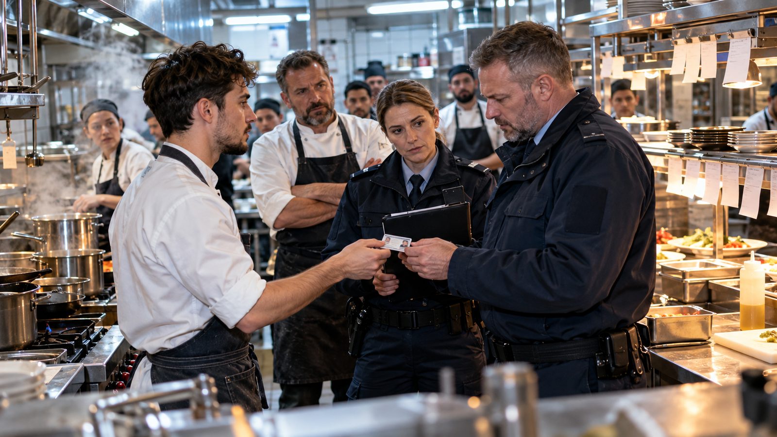 Zwei Beamte prüfen am Abend in einer vollen Restaurantküche den Ausweis eines jungen Kochs, das Team schaut zu