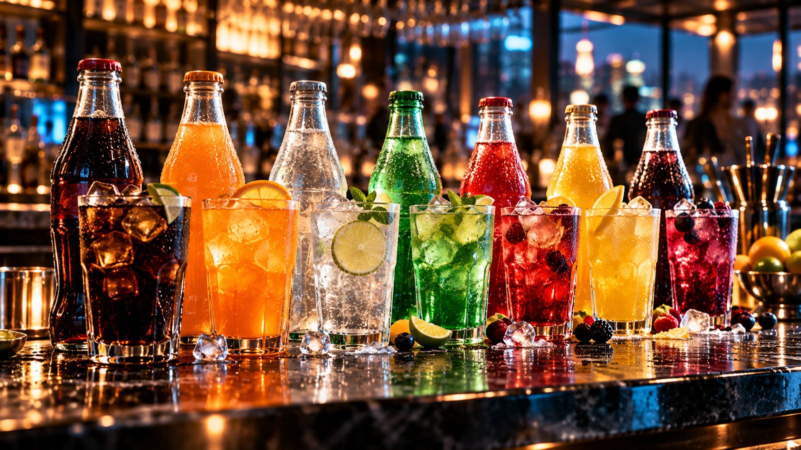 Zuckersteuer Gastronomie: Softdrink-Flaschen und Gläser auf einem Restauranttresen